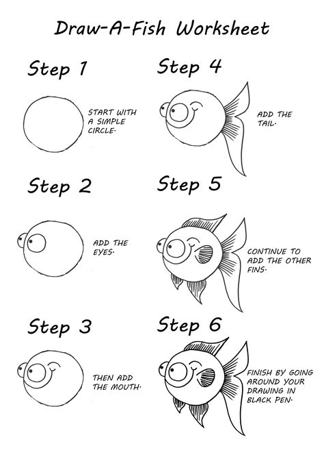 Step 4: Draw the mouth of your fish. Step 5: Draw fins at the end and at the top. Step 6: Draw lines of the fins. Step 7: Add scales randomly on the body. Step 8: Draw small circles in the background for water bubbles. Step 9: Add bright colors to the fish, below I have used a combination of orange and yello. Author.